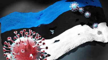 Estonya 'daki Covid - Coronavirus, Estonya' nın ulusal bayrağına saldırarak bu ülkedeki virüs salgınıyla mücadele ve mücadelenin sembolü olan 3d illüstrasyon