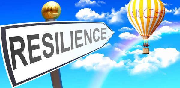 Устойчивость приводит к успеху - показано в качестве знака с фразой Устойчивость указывая на воздушный шар в небе с облаками, чтобы символизировать значение устойчивости, 3D иллюстрации