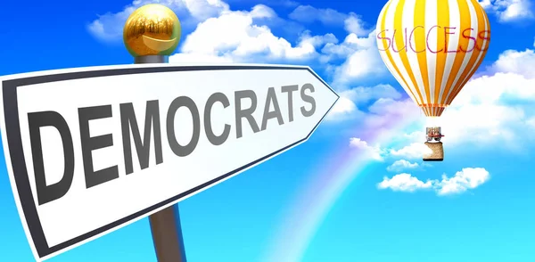 民主党は成功につながる 民主党 3Dイラストの意味を象徴するために雲と空の気球を指している民主党のフレーズの兆候として示されています — ストック写真