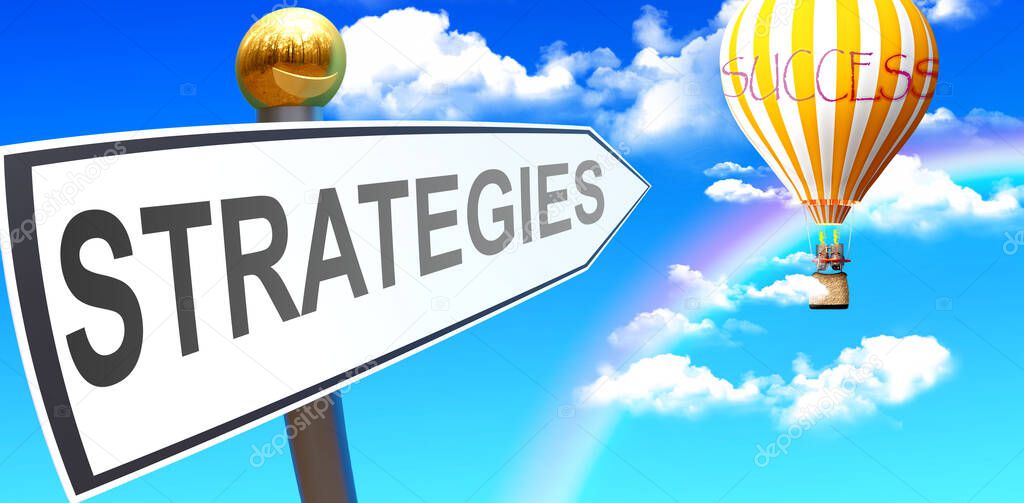 Strategies leads to success - shown as a sign with a phrase Strategies pointing at balloon in the sky with clouds to symbolize the meaning of Strategies, 3d illustration