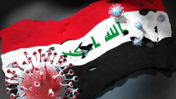 イラクのコヴィド この国のウイルスのパンデミックとの闘いと闘いの象徴としてイラクの国旗を攻撃するコロナウイルス 3Dイラスト — ストック写真