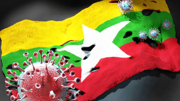 Covid Myanmar Koronavirus Útočí Národní Vlajku Myanmaru Jako Symbol Boje — Stock fotografie