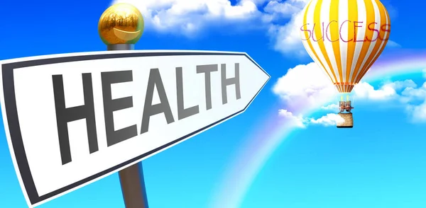 健康は成功につながります 健康の意味を象徴するために雲と空の風船を指している健康 3Dイラスト — ストック写真