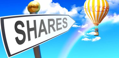 Paylaşım başarıya götürür - bir işaret olarak gösterilir Paylaşımın anlamını sembolize etmek için bulutlarla gökyüzündeki balonu işaret eder, 3d illüstrasyon