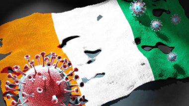 Covid in Cote d 'Ivoire - Coronavirus Cote d' Ivoire 'in ulusal bayrağına saldırıyor bu ülkedeki virüs salgınıyla mücadele ve mücadele sembolü olarak, 3D illüstrasyon