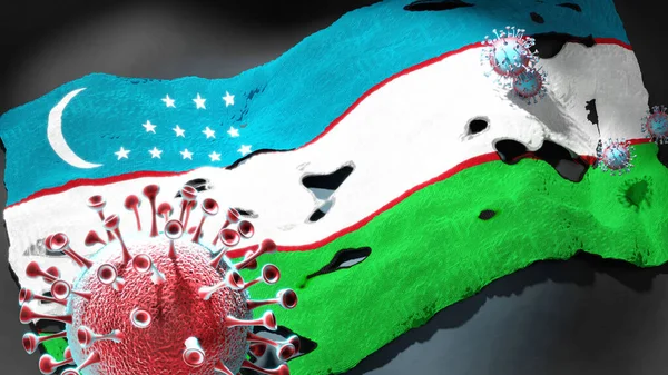 Ковид Узбекистане Коронавирус Атакующий Национальный Флаг Узбекистана Символ Борьбы Борьбы — стоковое фото