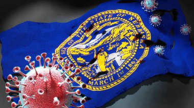 Nebraska 'da Covid - Coronavirus, Nebraska' nın bir bayrağına saldırıyor. Virüs salgınıyla mücadele ve mücadele sembolü olarak.