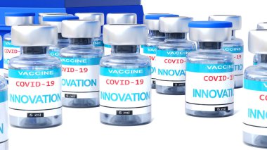 Covid yenilik - İngiliz etiketli aşı şişeleri, Coronavirus salgınıyla mücadeleyi bitirebilecek büyük bir insan başarısını sembolize eden bir icat.