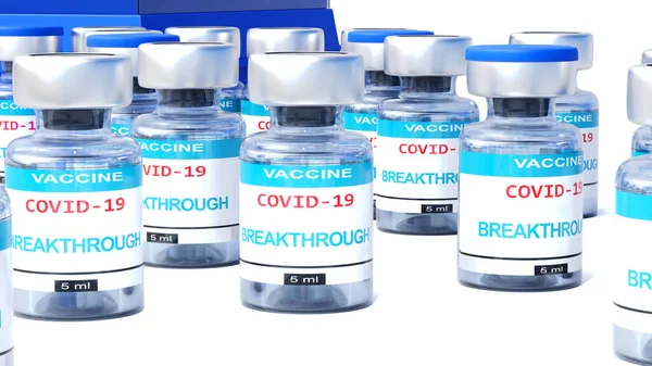 Covid Breakthrough Butelki Szczepionką Angielską Etykietą Przełom Symbolizujący Wielkie Ludzkie — Zdjęcie stockowe