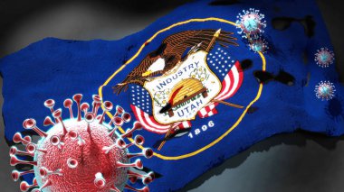 Utah 'taki Covid - Coronavirus, Utah eyaletinin bayrağına saldırıyor. Virüs salgınıyla mücadele ve mücadele sembolü olarak.