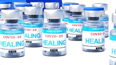 Covid Şifa - İngiliz etiketli aşı şişeleri Coronavirus salgınıyla mücadeleyi bitirebilecek büyük bir insan başarısını sembolize ediyor.