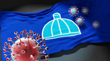 Durban Güney Afrika 'da Covid - Coronavirus, Güney Afrika' nın bir şehir bayrağına saldırıyor. Bu şehirdeki virüs salgınıyla mücadele ve mücadele sembolü olarak.