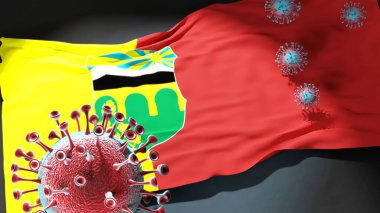 Kuzey Makedonya 'nın Butel Belediyesi' ndeki Covid - Coronavirus ve Butel Belediyesi 'nin Kuzey Makedonya bayrağı, bu kentteki salgının bir simgesi olarak, 3D illüstrasyon