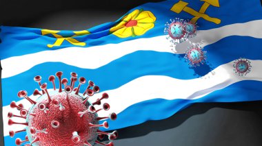 Havirov 'da Covid - Coronavirus, Havirov' un şehir bayrağına saldırıyor. Bu şehirdeki virüs salgınıyla mücadele ve mücadele sembolü olarak.