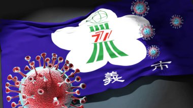 Chiayi 'deki Covid - Coronavirus bu şehirdeki virüs salgınıyla mücadele sembolü olarak Chiayi' nin bir şehir bayrağına saldırıyor.