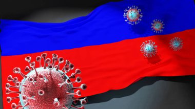 Chorzow 'da Covid - Coronavirus, Chorzow' un şehir bayrağına saldırıyor. Virüs salgınıyla mücadele ve mücadele sembolü olarak.