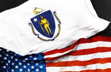 Massachusetts bayrağı, Amerika Birleşik Devletleri bayrağıyla birlikte, aralarındaki birliğin sembolü olarak, 3D illüstrasyon