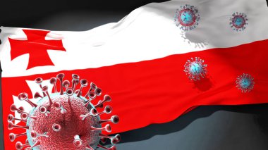 Elblag 'da Covid - Coronavirus, Elblag' ın bir şehir bayrağına saldırıyor. Virüs salgınıyla mücadele sembolü olarak.