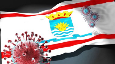 Florianopolis 'teki Covid - Coronavirus Florianopolis' in bir şehir bayrağına saldırıyor bu şehirdeki virüs salgınıyla mücadele ve mücadele sembolü olarak, 3D illüstrasyon