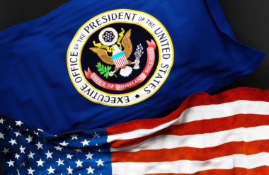 Amerika Birleşik Devletleri İç Güvenlik Ofisi bayrağı ve Amerika Birleşik Devletleri bayrağı aralarındaki birliğin sembolü, 3D illüstrasyon