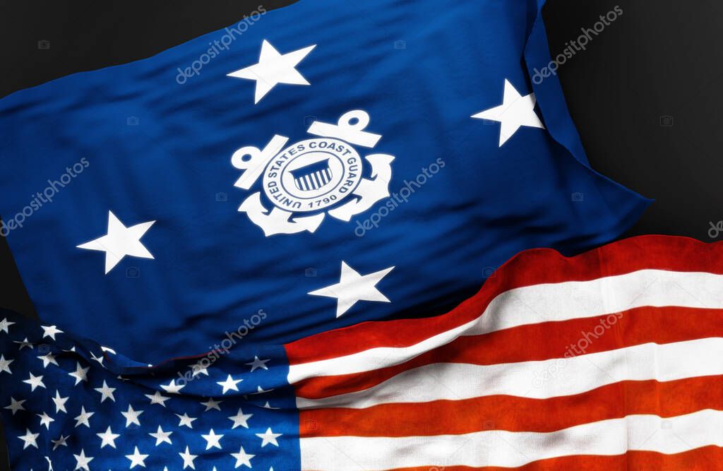 Flag of a United States Coast Guard admiral along with a flag of the United States of America as a symbol of unity between them, 3d illustration