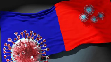 Cagliari 'de Covid - Coronavirus, Cagliari' nin şehir bayrağına saldırıyor. Virüs salgınıyla mücadele ve mücadele sembolü olarak.