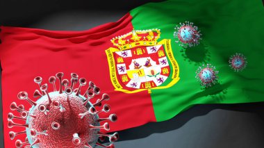 Granada 'daki Covid - Coronavirus Granada' nın bir şehir bayrağına saldırıyor bu şehirdeki virüs salgınıyla mücadele sembolü olarak, 3D illüstrasyon