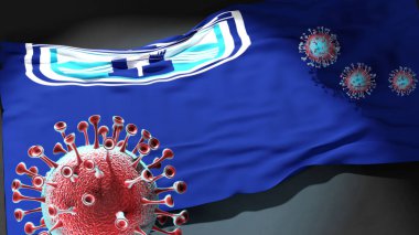 Kuzey Makedonya 'nın Gostivar Belediyesindeki Covid - Coronavirus ve Gostivar Belediyesi' nin Kuzey Makedonya bayrağı, bu kentteki salgının bir simgesi olarak, 3D illüstrasyon