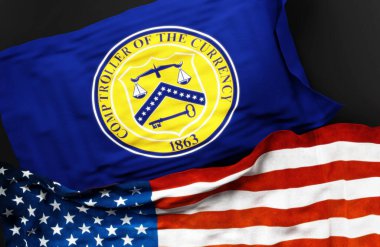 Amerika Birleşik Devletleri Para Müfettişinin bayrağı ve Amerika Birleşik Devletleri bayrağı aralarındaki bir bağlantının sembolü olarak, 3D çizim