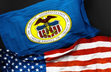 Birleşik Devletler Denizcilik İdaresi bayrağı ve Amerika Birleşik Devletleri bayrağı, aralarında bir bağlantı sembolü olarak, 3D illüstrasyon