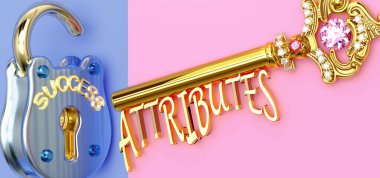 Başarının anahtarı, işte, işte, işte, ailede ya da hayatta kazanmak için özelliklere odaklanmanız gerekir. Zaferlere giden kapıları açar ve gerçekten istediğinizi elde edersiniz, 3d illüstrasyon.