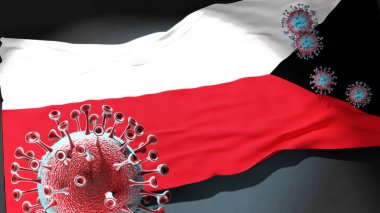 Bratislava 'da Covid - Coronavirus Bratislava' nın bir şehir bayrağına saldırıyor bu şehirdeki virüs salgınıyla mücadele sembolü olarak, 3D çizim