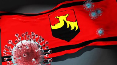 Kuzey Makedonya Aracinovo Belediyesi 'ndeki Covid - Coronavirus ve Kuzey Makedonya' daki Aracinovo Belediyesi bayrağı, bu kentteki salgının bir simgesi olarak, 3d illüstrasyon