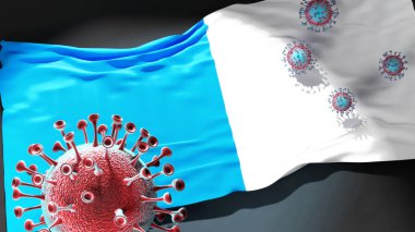 Dinant 'taki Covid - Coronavirus bu şehirdeki virüs salgınıyla mücadele sembolü olarak Dinant' ın bir şehir bayrağına saldırıyor.