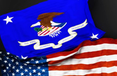 Birleşik Devletler Başsavcısının bayrağı ve Amerika Birleşik Devletleri bayrağı aralarındaki bir bağlantının sembolü olarak, 3D illüstrasyon