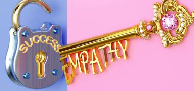 Başarının anahtarı empati - işte, işte, işte, ailede ya da hayatta kazanmak için empatiye odaklanmanız gerekir, zaferlere giden kapıları açar ve gerçekten istediğinizi elde edersiniz, 3D illüstrasyon
