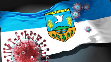 Kuzey Makedonya Dolneni Belediyesindeki Covid - Coronavirus ve Kuzey Makedonya 'daki Dolneni Belediyesi bayrağı, bu kentteki pandeminin bir simgesi olarak, 3D illüstrasyon