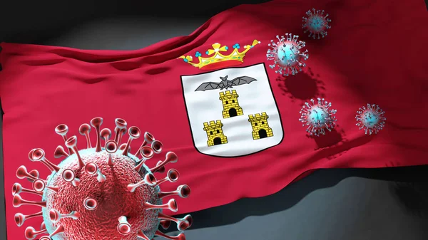 Covid Albacete Coronavirus Atacando Una Bandera Ciudad Albacete Como Símbolo — Foto de Stock