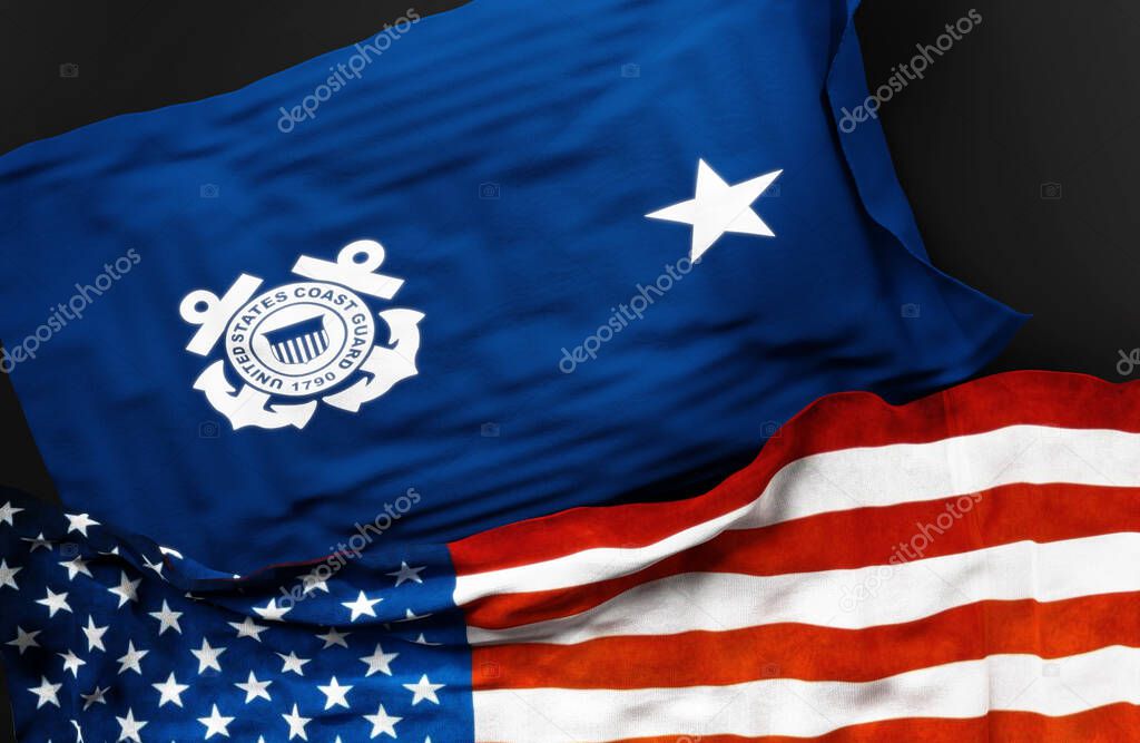 Flag of a United States Coast Guard rear admiral lower half along with a flag of the United States of America as a symbol of unity between them, 3d illustration