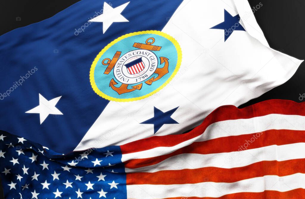 Flag of the Commandant of the United States Coast Guard along with a flag of the United States of America as a symbol of unity between them, 3d illustration