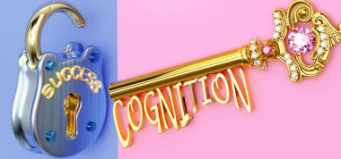 Başarının anahtarı bilişsellik, iş hayatında, ailede ya da hayatta kazanmak için bilişe odaklanmanız gerekir, zaferlere giden kapıları açar ve gerçekten istediğinizi elde edersiniz, 3D illüstrasyon