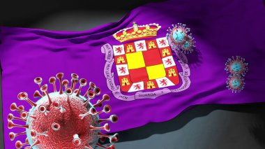 Jaen 'deki Covid - Coronavirus bu şehirdeki virüs salgınıyla mücadele sembolü olarak Jaen bayrağına saldırıyor.