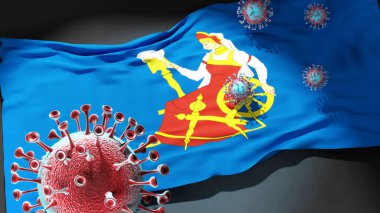 İvanovo 'daki Covid - Coronavirus, İvanovo' nun bir şehir bayrağına saldırıyor. Virüs salgınıyla mücadele sembolü olarak, bu şehirde 3D resimleme