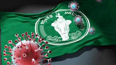 Bangkok 'ta Covid - Coronavirus Bangkok' un bir şehir bayrağına saldırıyor bu şehirdeki virüs salgınıyla mücadele sembolü olarak, 3D çizim