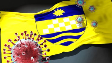 Kuzey Makedonya 'nın Karpos Belediyesi' ndeki Covid - Coronavirus ve Karpos Belediyesi 'nin Kuzey Makedonya bayrağı, bu kentteki salgının bir simgesi olarak, 3D illüstrasyon