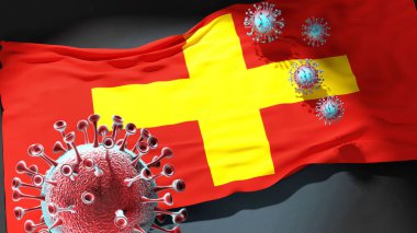 Ancona 'da Covid - Coronavirus, Ancona' nın bir şehir bayrağına saldırıyor. Virüs salgınıyla mücadele ve mücadele sembolü olarak.