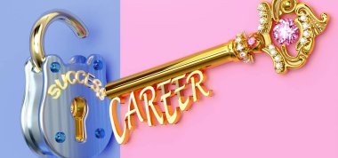 Başarının anahtarı, meslekte, işte, ailede ya da hayatta kazanmak için kariyere odaklanman gerekir. Zaferlere giden kapıları açar ve gerçekten istediğini elde eder. 3D illüstrasyon.