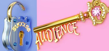 Başarının anahtarı iş, iş, aile ya da hayatta kazanmak için seyirciye odaklanmanız gerekir. Zaferlere giden kapıları açar ve gerçekten istediğinizi elde edersiniz. 3D illüstrasyon.