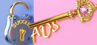 Başarının anahtarı reklamlarda, işte, işte, ailede ya da hayatta kazanmak için reklamlara odaklanmanız gerekir. Zaferlere giden kapıları açar ve gerçekten istediğinizi elde edersiniz. 3D illüstrasyon.