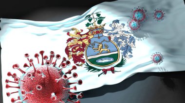 Bekescsaba 'da Covid - Coronavirus Bekescsaba' nın bir şehir bayrağına saldırıyor bu şehirdeki virüs salgınıyla mücadele ve mücadele sembolü olarak, 3D illüstrasyon